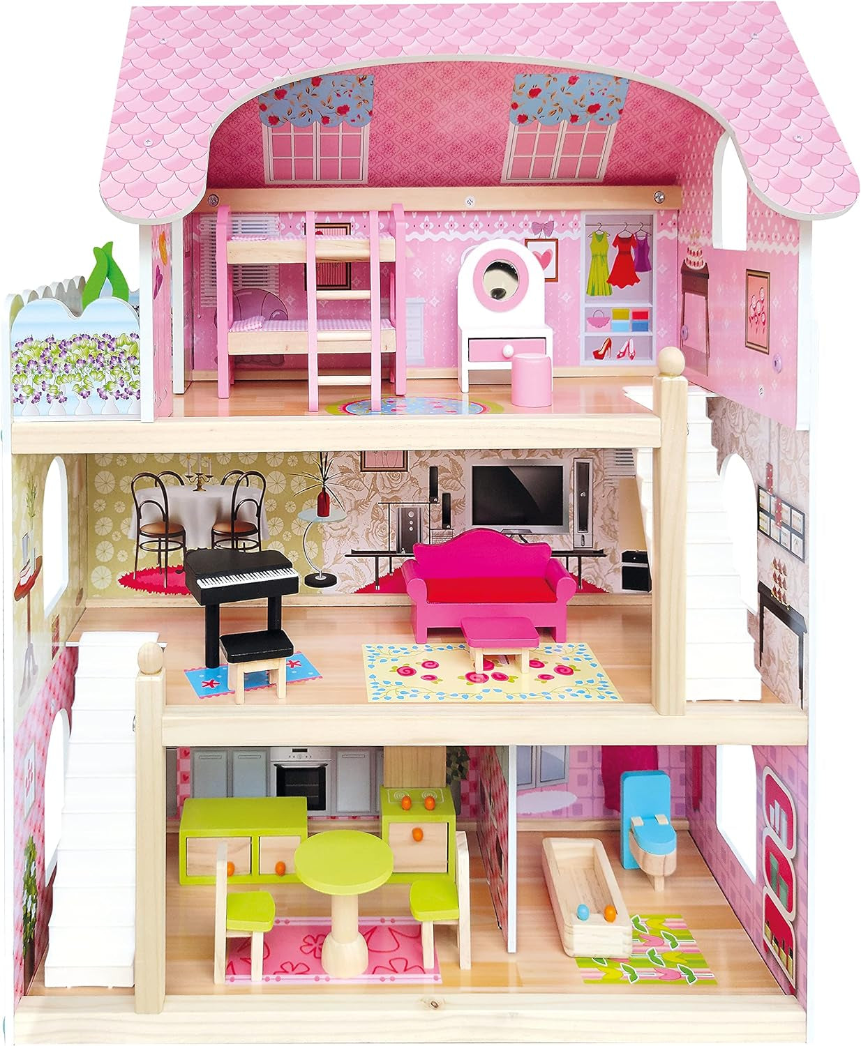 Bino World of Toys Domek dla lalek z balkonem, Zabawka dla małych dzieci od 3 lat, z 3 piętrami, schodami, 4 pokojami i balkonem w tym. 15-TLG. Akcesoria, Aby promować umiejętności dzieci, Różowy projekt Domki dla lalek Naty Shop Domyślny tytuł