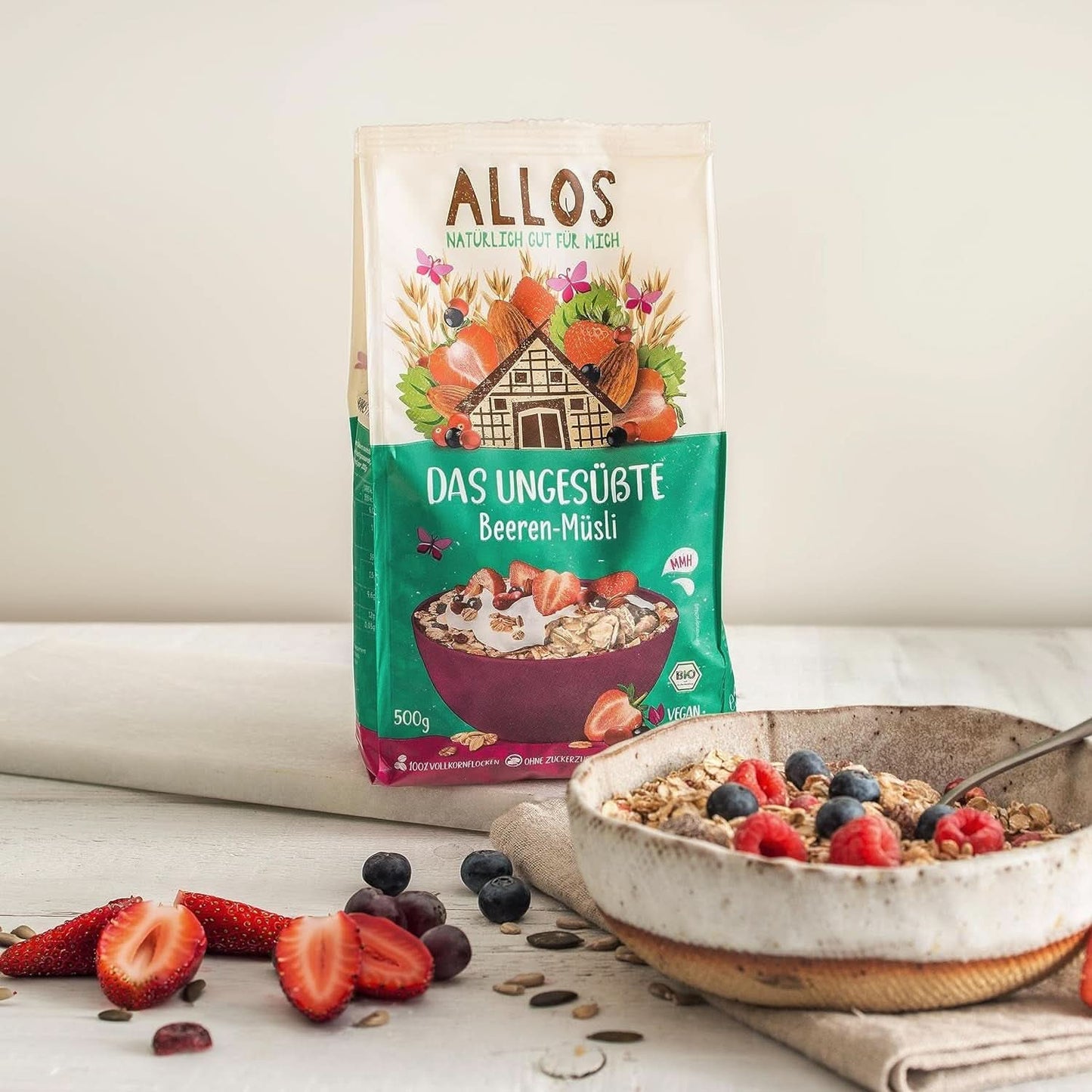 Allos, niesłodzone muesli jagodowe, opakowanie 5 x 500 gram Płatki Naty Shop
