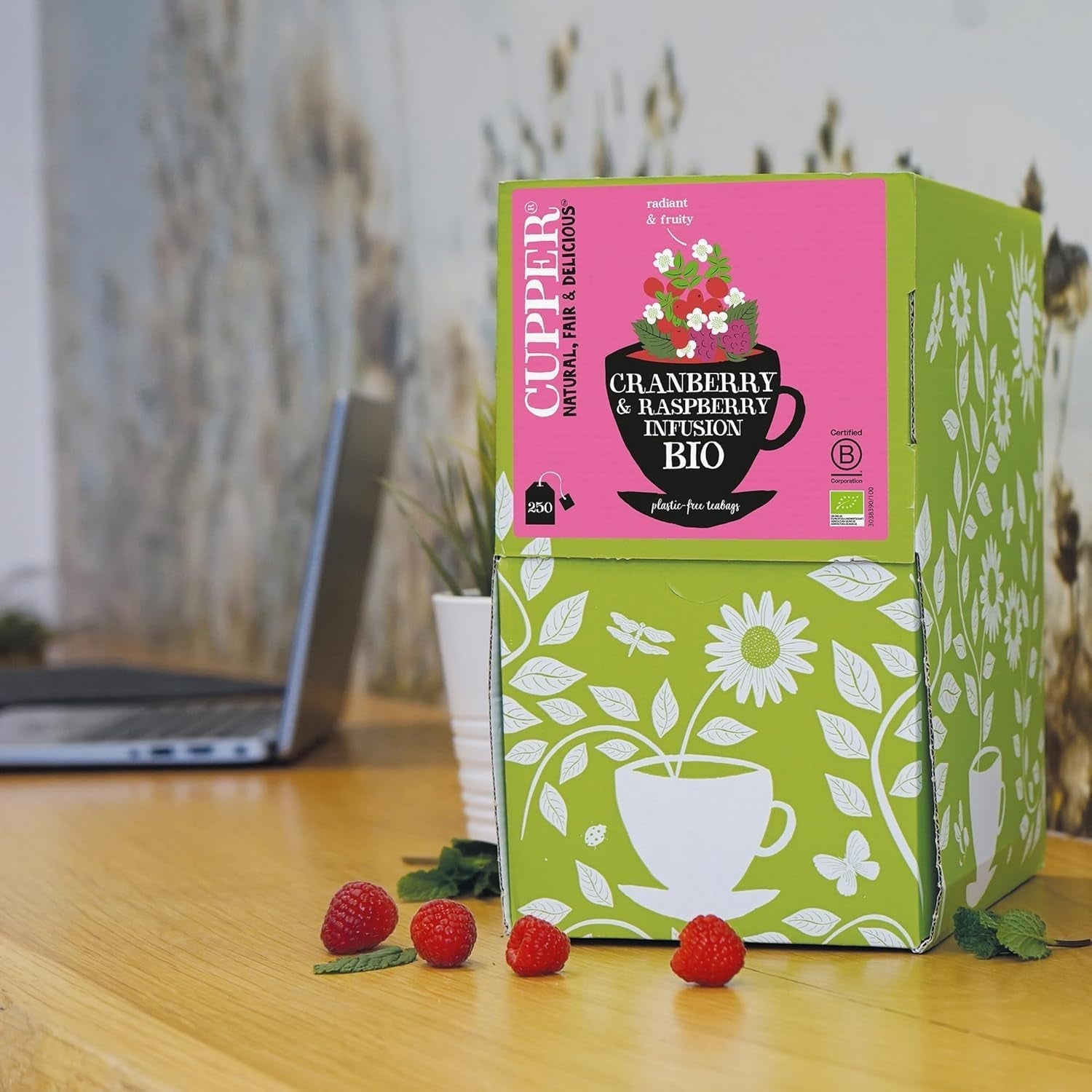 Cupper Organiczna herbata owocowa Żurawina Malina | Herbata malinowa | 250 niebielonych torebek herbaty | Duża paczka | Idealny do biura | Ekologiczne | Sprawiedliwy handel