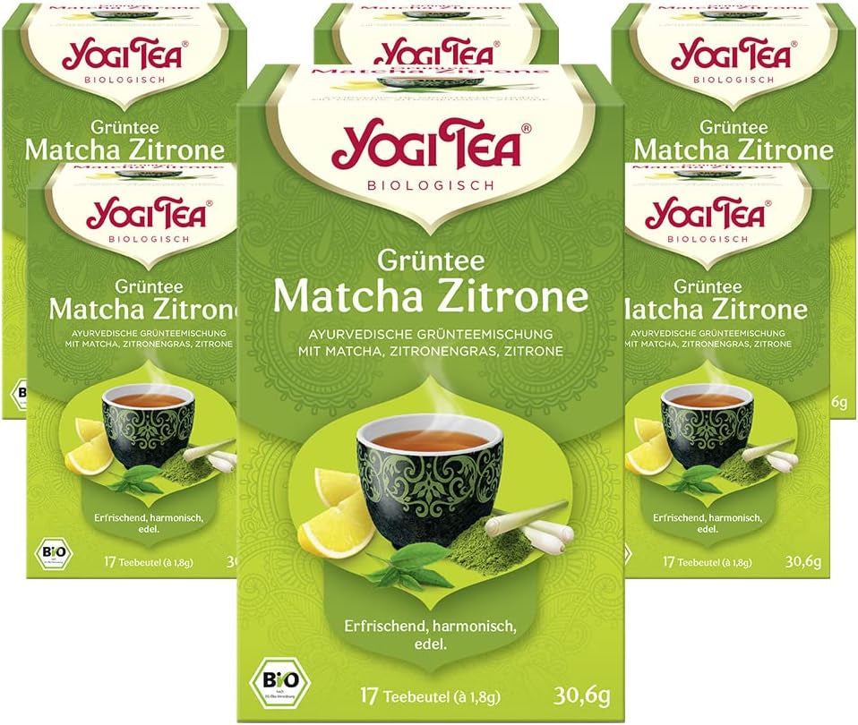 Yogi Tea - zielona herbata Matcha z cytryną, ekologiczna ziołowa ajurwedyjska zielona herbata, mieszanka zielonych herbat, matcha, trawa cytrynowa i limonka, herbata Yogi 6 opakowań, 6X17 torebek z herbatą (łącznie 102 torebek z herbatą)