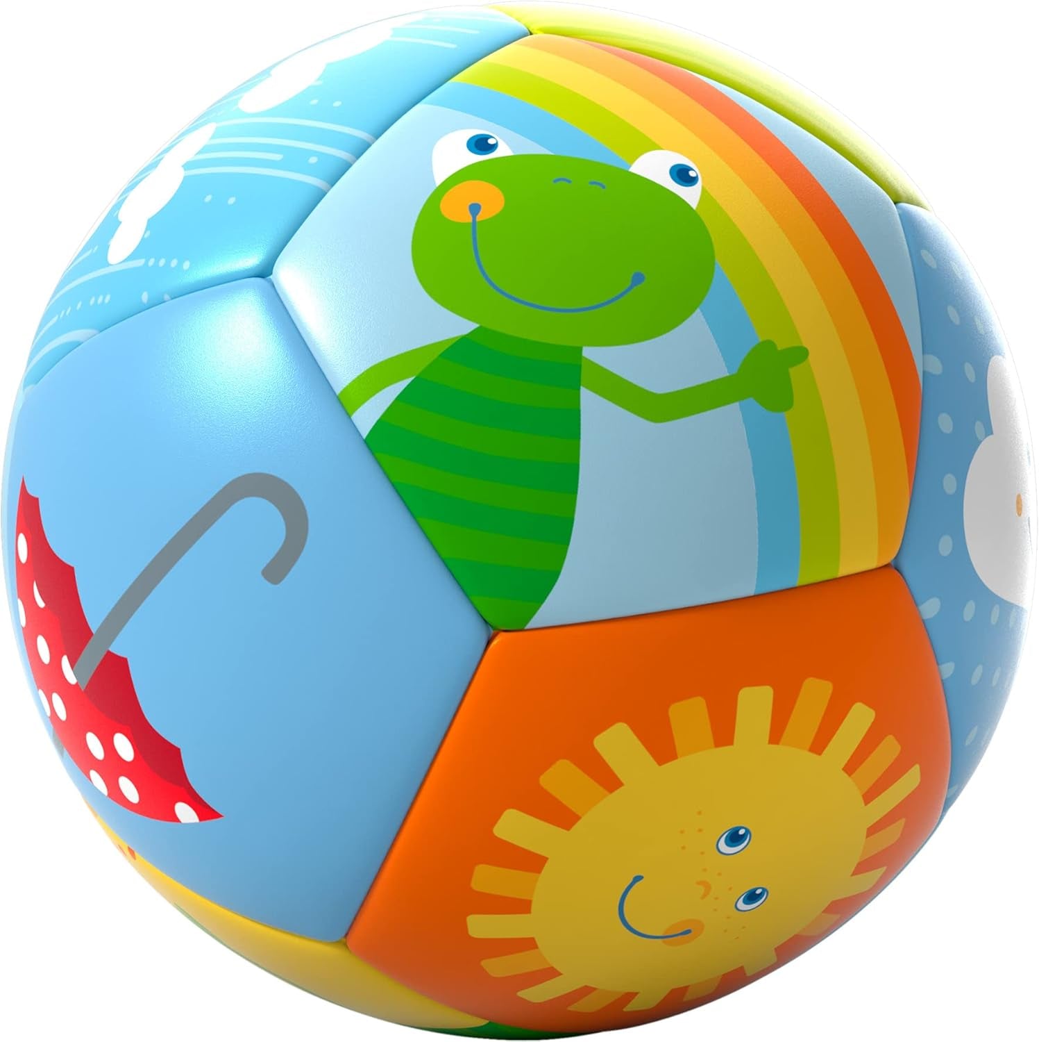 HABA Babyball Rainbow World - Miękka piłka od 6 miesiąca z kolorowymi motywami pogodowymi, Ø 11 cm, idealna do pierwszych łapań i zabaw w piłkę - 1306318001 Jucarii Bebe Naty Shop Domyślny tytuł