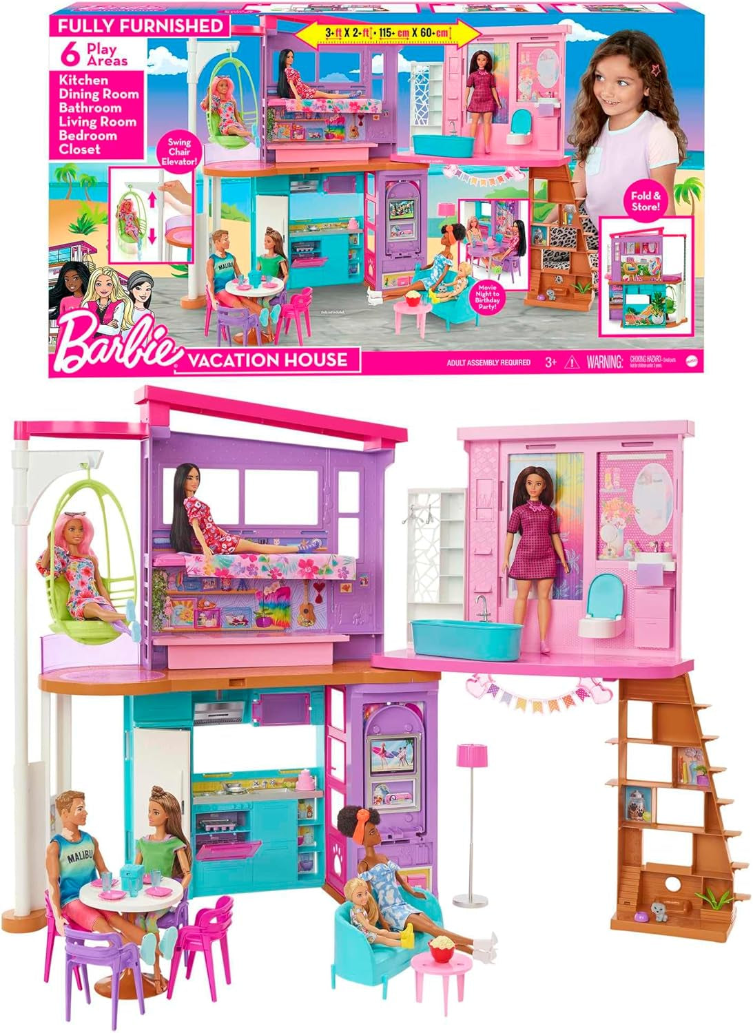 Domek wakacyjny Barbie (116 x 77,9 cm), 6-osobowy domek do zabawy, w pełni wyposażony w akcesoria, meble i windę, składany i do przechowywania, lalka, prezent dla dzieci w wieku 3 lat i starszych, HCD50