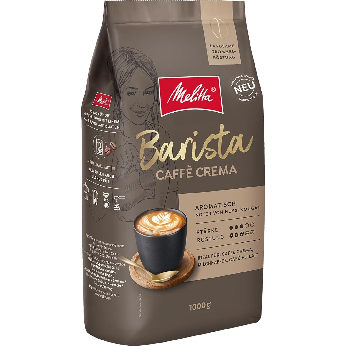 Melitta Barista Classic Crema, Kawa ziarnista 1kg, Ungemahlen, Kaffeebohnen für Kaffee-Vollautomat, medium Röstung, Stärke 3, Verpackung kann varieren