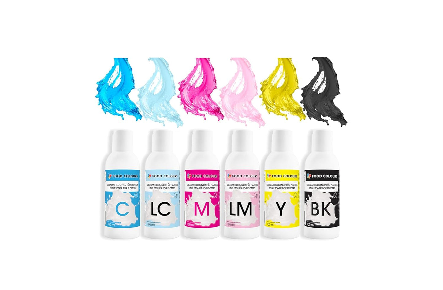 Zestaw barwników spożywczych z tuszami jadalnymi do ploterów 6 x 100 ml | Jasny Cyjan | Cyjan | Jasna Magenta | | Magenta | Żółty | Czarny | Druk jadalny, druk na papierze waflowym, dekoracyjna posypka do ciast
