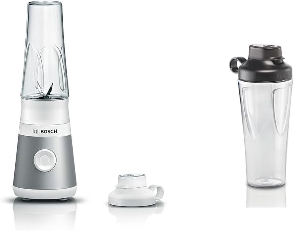 Bosch Mini-mikser stojący Vitapower Serie 2 MMB2111S, mikser wysokoobrotowy, Bis Zu 40 000 obr./min, Tritan Togo-Flasche 0,6 l, Trinkdeckel, Bruchsicher, Spülmasch.Geeignete Teile, 450W, Silber/Schwarz Kitchen Naty Shop Bundle Mit Togo-Flasche Silber / Weiß