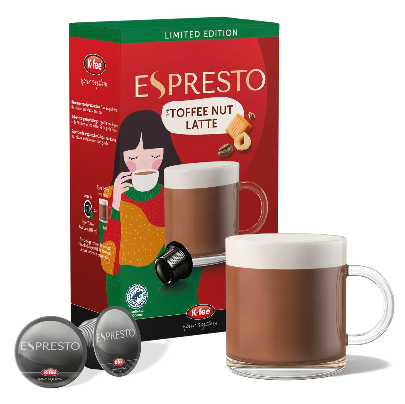 ESPRESTO Toffee Nut Latte, kompatybilne z K-fee i ALDI EXPRESSI*, aromatyzowana kawa mleczna, certyfikat RFA, 96 kapsułek