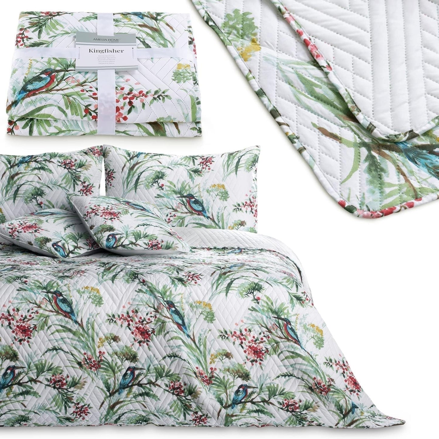Ameliahome Narzuta Narzuta 260X280 cm Dwustronna Łatwa w pielęgnacji Pikowanie Wzór roślinny Wzór ptaka Wielokolorowy Kingfisher Łóżka i koce Besuche den AmeliaHome-Store
