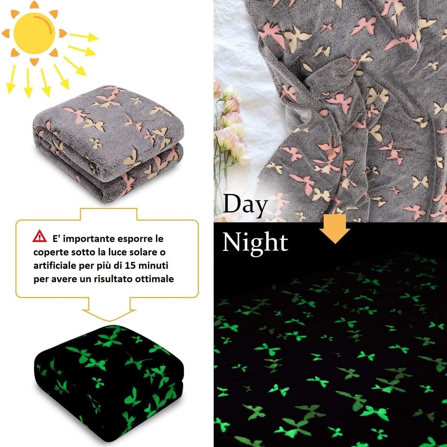 Kanguru Glow Narzuta Świecąca w ciemności Koc Motyl Miękki koc 130X150 cm Świecąca narzuta na sofę. Świecący w ciemności koc dziecięcy, szare Łóżka i koce Besuche den Kanguru-Store