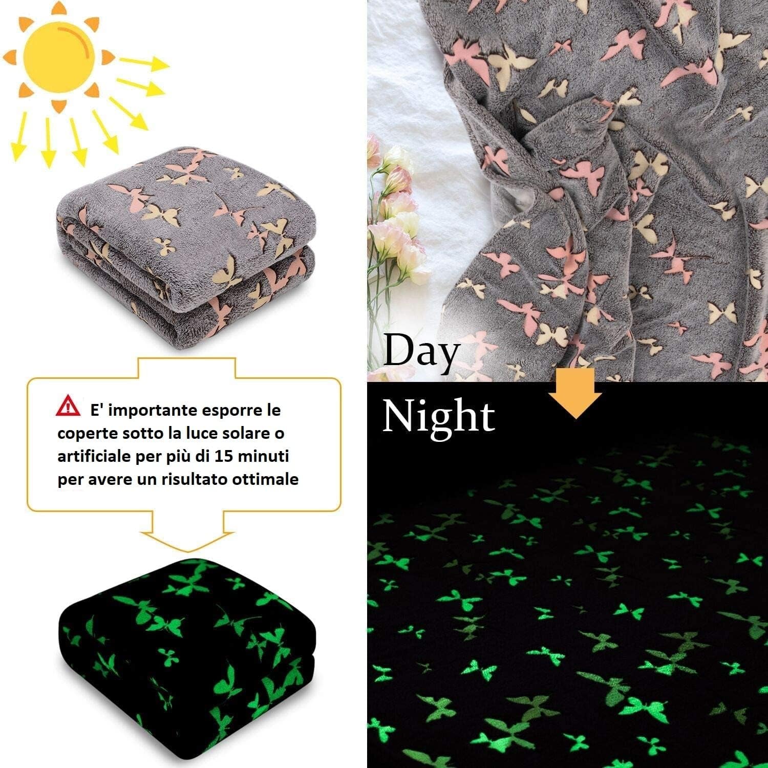 Kanguru Glow Narzuta Świecąca w ciemności Koc Motyl Miękki koc 130X150 cm Świecąca narzuta na sofę. Świecący w ciemności koc dziecięcy, szare Łóżka i koce Besuche den Kanguru-Store