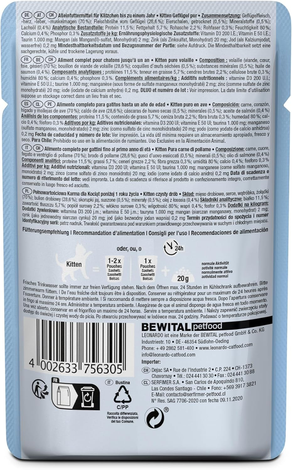 LEONARDO Fresh Pouches [16 x 85 g mokrej karmy dla kotów, bez zbóż] | Kompletna karma mokra w pojedynczych saszetkach