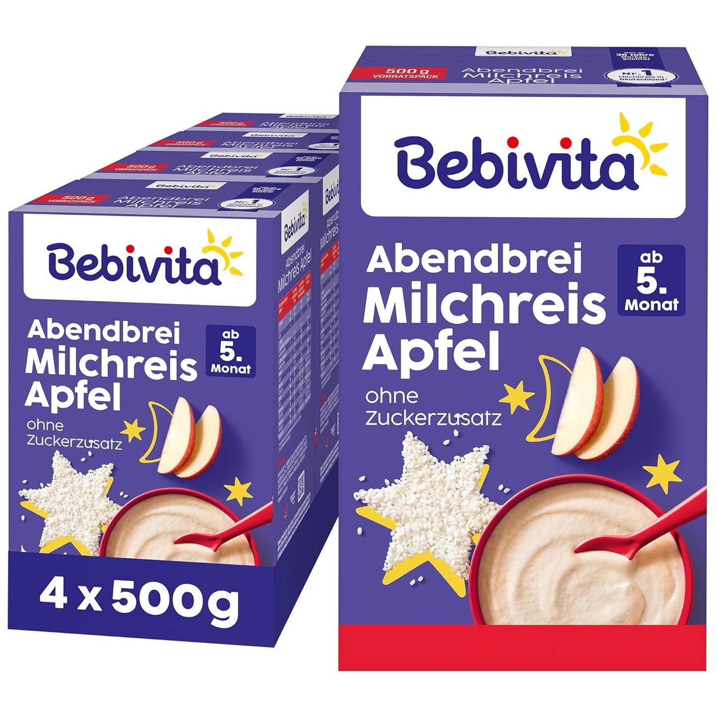 Budyń ryżowy z jabłkami i kaszką wieczorną (4x500g), kaszka mleczna od 5 miesiąca, z cennymi minerałami i witaminami, bez dodatku cukru, bardzo sycąca