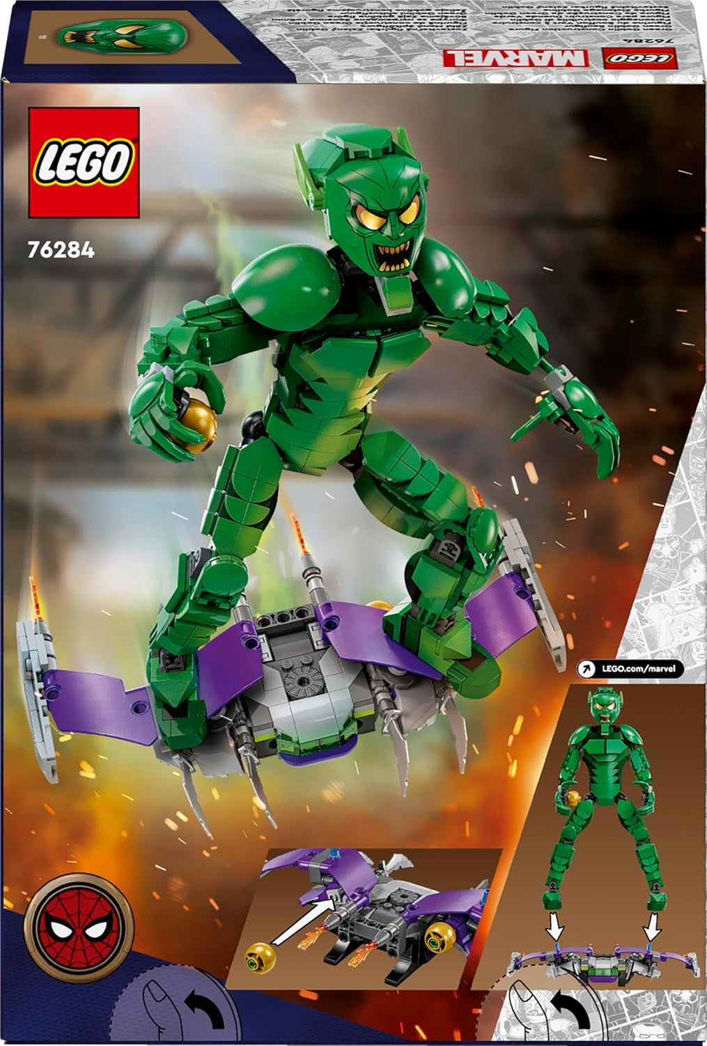 Figurka LEGO Marvel Green Goblin, ruchoma zabawka do budowania superzłoczyńcy dla dzieci w wieku 8+, chłopców i dziewcząt, zestaw Wszechświat Spider-Mana z suwakami i bombami dyniowymi, pomysł na prezent dla superbohatera 76284 Zestawy do budowania Besuche w sklepie LEGO