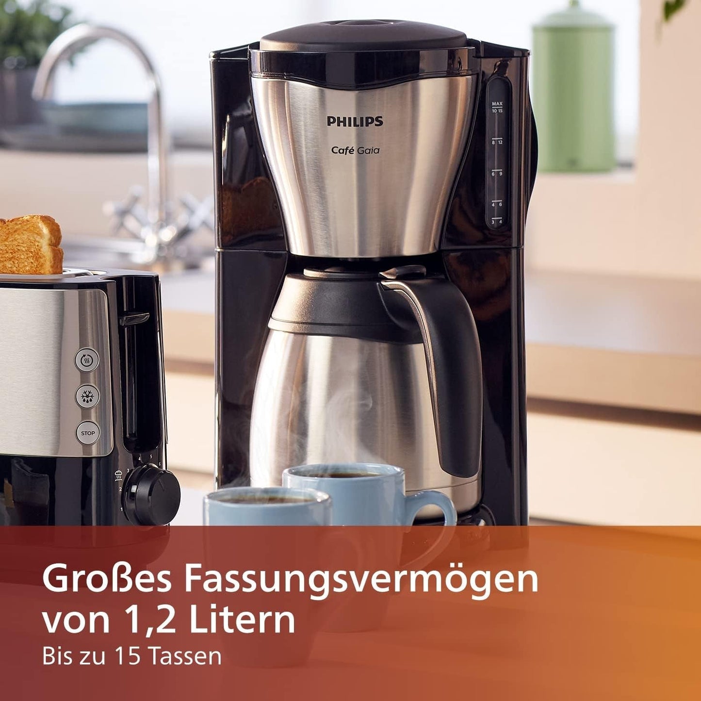 Ekspres do espresso PHILIPS Café Gaia z filtrem - karafka termosowa ze stali nierdzewnej, system zapobiegający kapaniu, intensywny aromat, automatyczne wyłączanie, 1300 ml, czarny (HD7546/20)