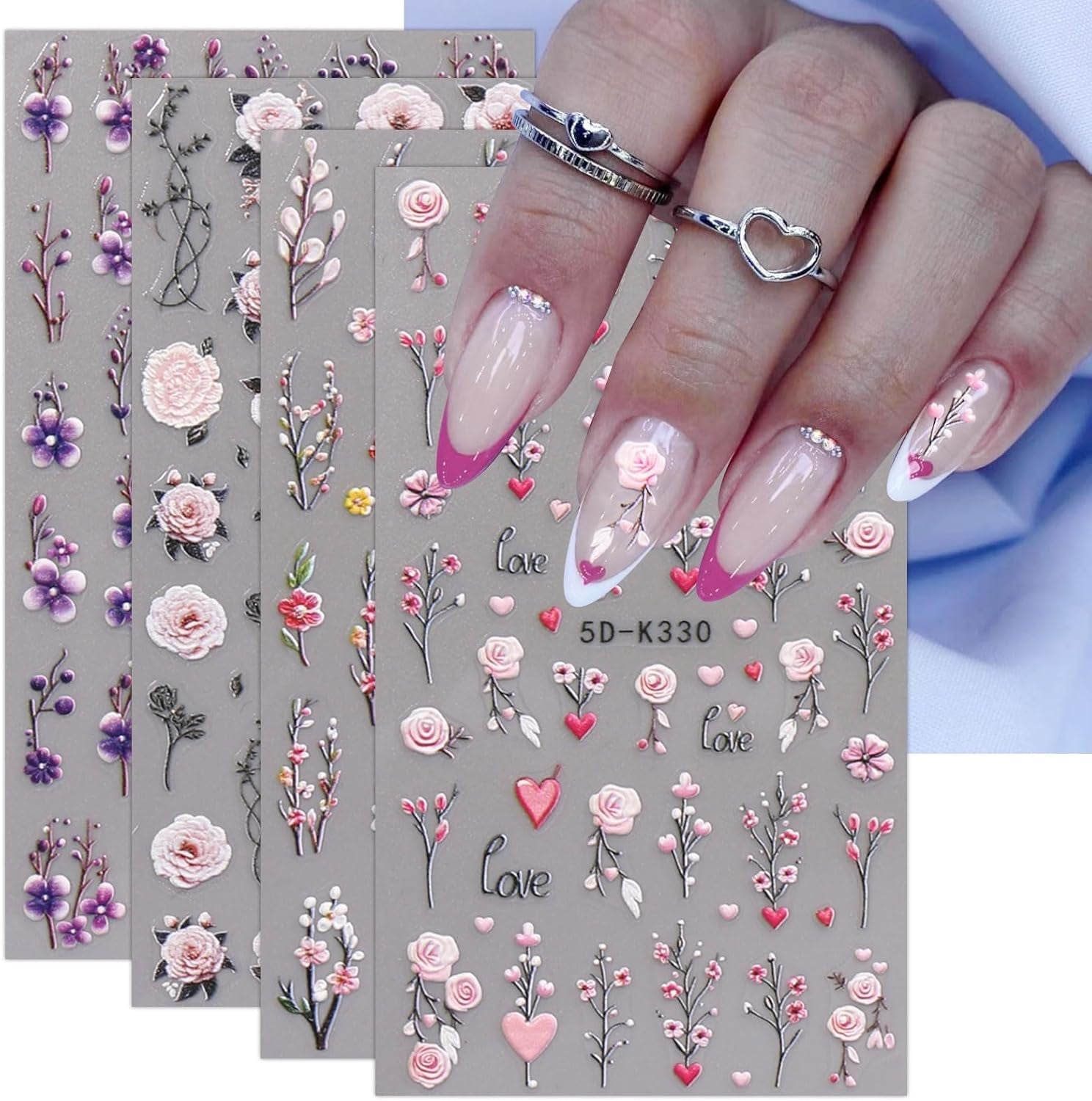 JMEOWIO 3D Nagelsticker Blumen Nail Art Naklejka Selbstklebend Nagelaufkleber 5D Stereoskopisch Frühling Sommer Dekoration Nageldesign Zubehör 4 Blatt