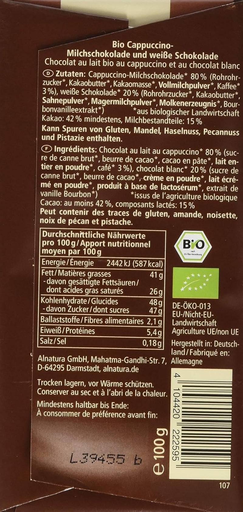 Ekologiczna czekolada nadziewana cappuccino, 100g