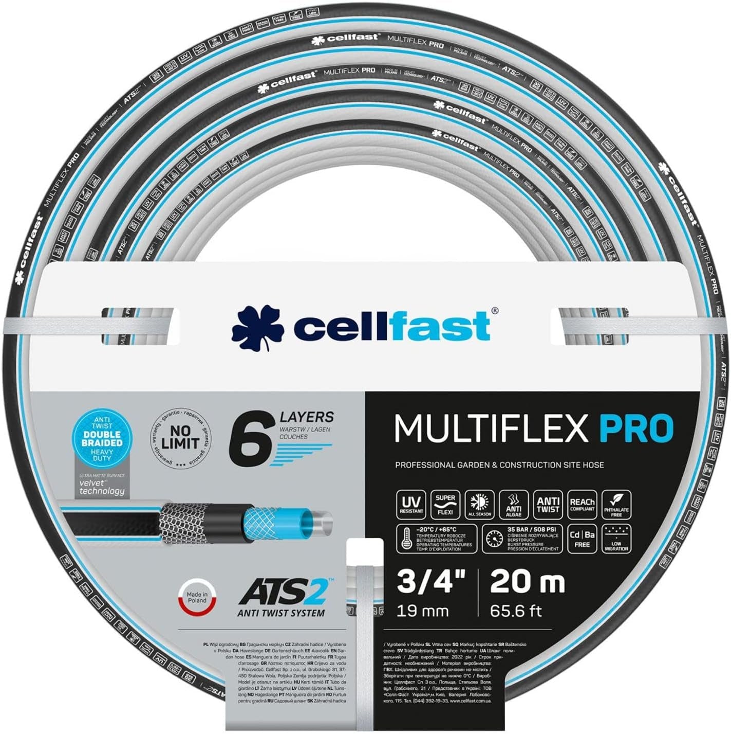 Wąż ogrodowy Cellfast MULTIFLEX PRO, trwały, 6 warstw, oplot dziany ATS2, odporny na promieniowanie UV i algi, nie zawiera metali ciężkich, technologia aksamitna, 35 bar, -20/+65°C, 3/4", 30m