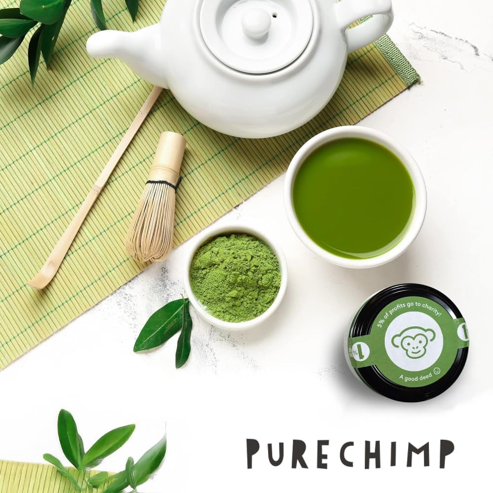 Purechimp Ceremonial Grade Matcha w proszku 50g. 100% czysta, cieniowana herbata w proszku do latte, naparów i przepisów. Słoik nadający się do recyklingu. Bogaty w przeciwutleniacze.