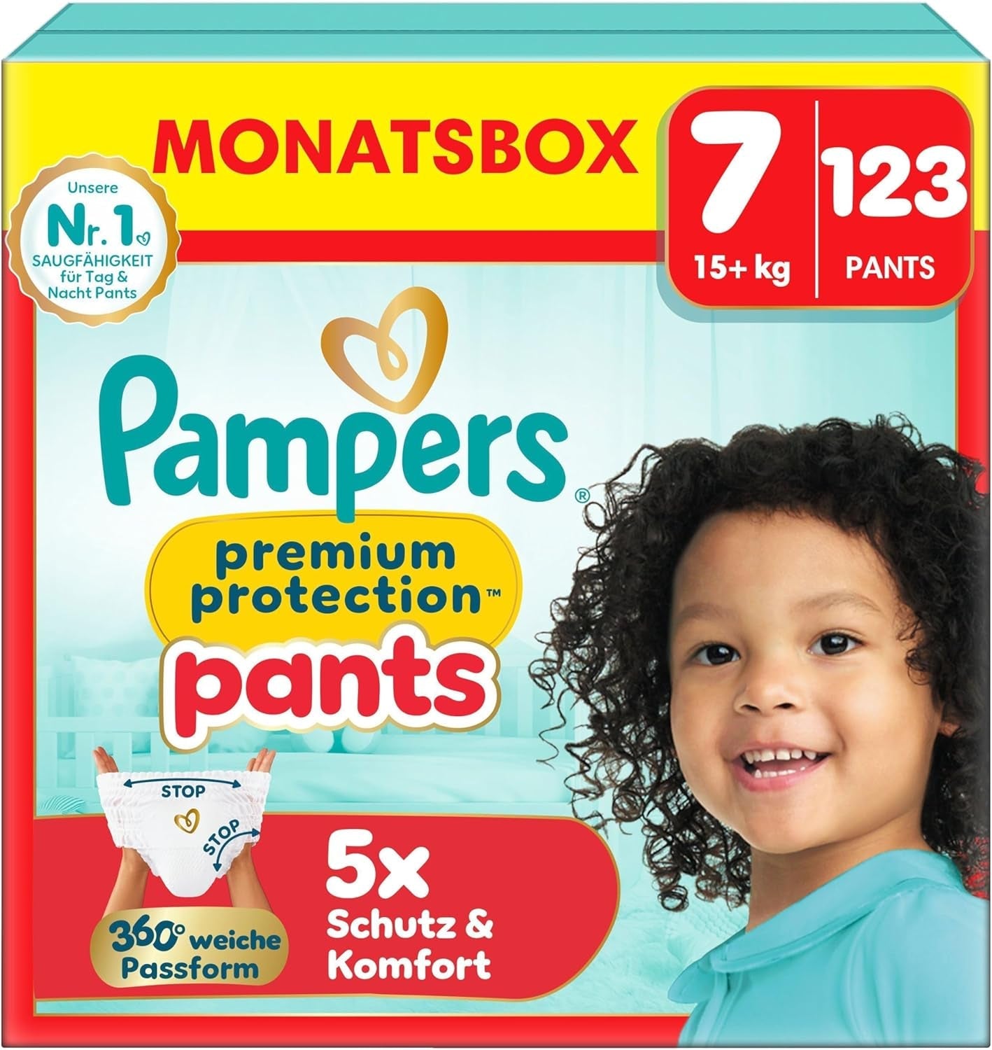 Spodnie ochronne Pampers Premium rozmiar 7, 123 pieluszki, 15 kg+, z regulacją 360° i miękkimi mankietami zapobiegającymi wyciekaniu dla optymalnego komfortu i ochrony