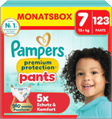 Spodnie ochronne Pampers Premium rozmiar 7, 123 pieluszki, 15 kg+, z regulacją 360° i miękkimi mankietami zapobiegającymi wyciekaniu dla optymalnego komfortu i ochrony