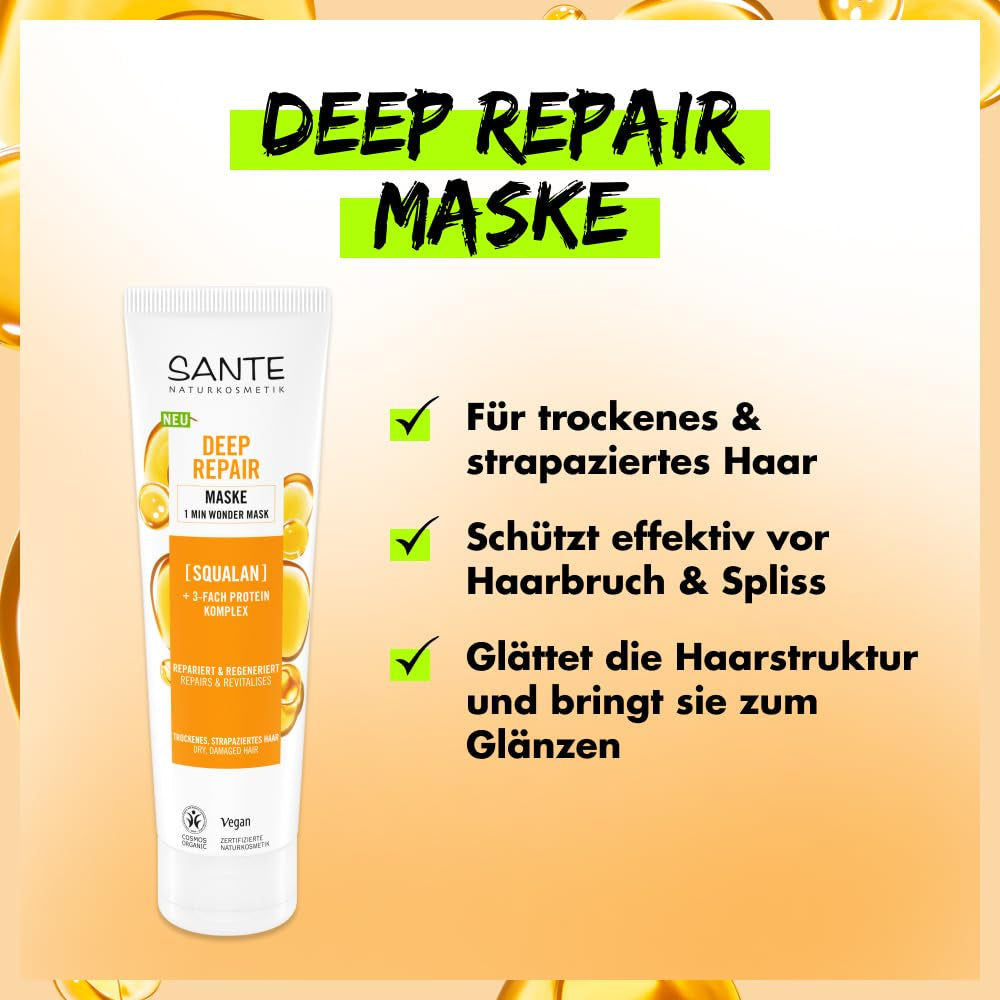 SANTE Natural Cosmetics Deep Repair Mask Skwalan + 3x kompleks białek, wegańska maska do włosów intensywnie nawilżająca i elastyczna, naprawia i regeneruje zniszczone włosy, 150 ml Naty Shop Hair Mask