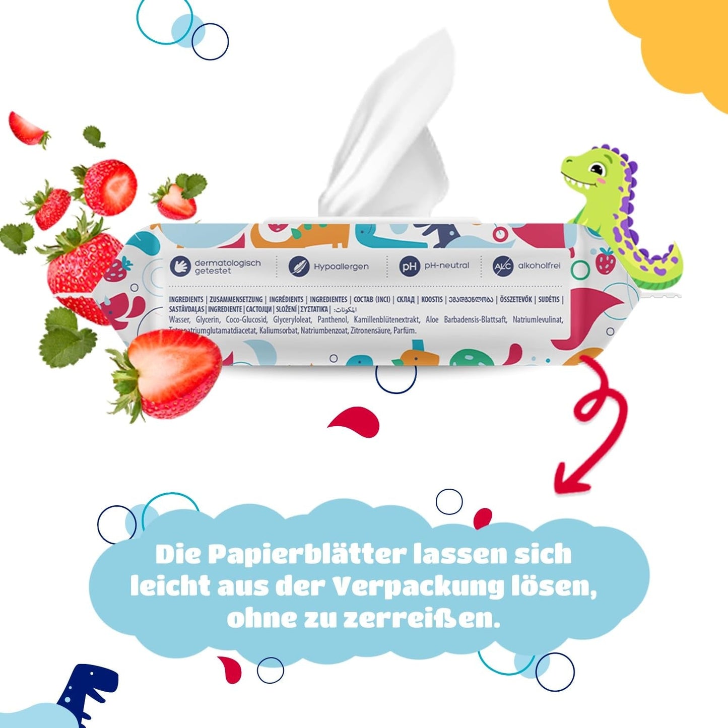 Kindii Fun Mokry Papier Toaletowy - (10X60 szt.) Mokry Papier Toaletowy - Rumianek, Aloe Vera, Ph-Neutral, Wodny, Odświeża okolice intymne - 600 sztuk
