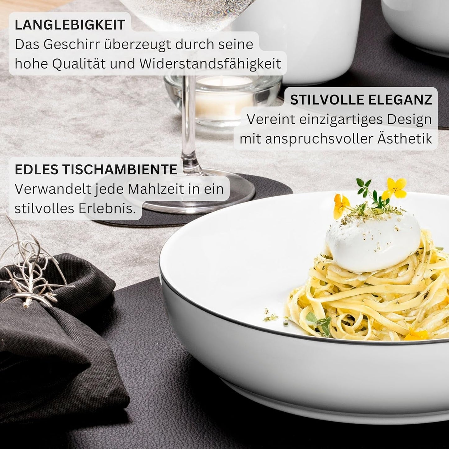 SANGER | Marlo Czarno-biały zestaw obiadowy z krawędzią, 18-częściowy porcelanowy zestaw obiadowy dla 6 osób, biały z czarnymi akcentami, talerze obiadowe, talerze i miski deserowe, nowoczesny design | KOLEKCJA PREMIUM