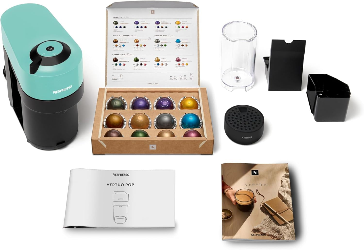 Ekspres do kawy z kapsułkami Nespresso Krups Vertuo Pop, pojemność: 560 ml, automatyczne rozpoznawanie kapsułek, system one-touch, 4 rozmiary filiżanek, skrócony czas podgrzewania, zrównoważony, Aqua Mint, XN9204