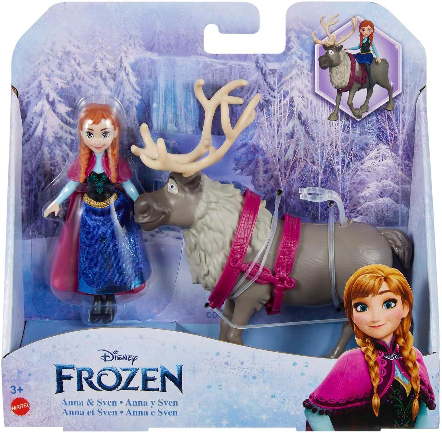 Mattel DISNEY Królowa Lodu Anna i Sven Lalka i figurka zwierzęcia, inspirowana animowanymi postaciami, ruchome kończyny, odpinana spódnica i peleryna, dla dzieci w wieku od 3 lat i więcej, HLX03 Lalki Naty Shop