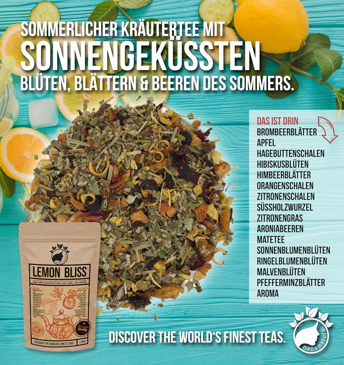 Oryginalna HERBATA CYTRYNOWA BLISS 85G firmy Nananatura | Owocowa i orzeźwiająca letnia herbata ziołowa | Jako herbata zimna, herbata mrożona lub klasycznie gorąca | Z kwiatami, liśćmi i dojrzewającymi w słońcu jagodami | Bez cukru