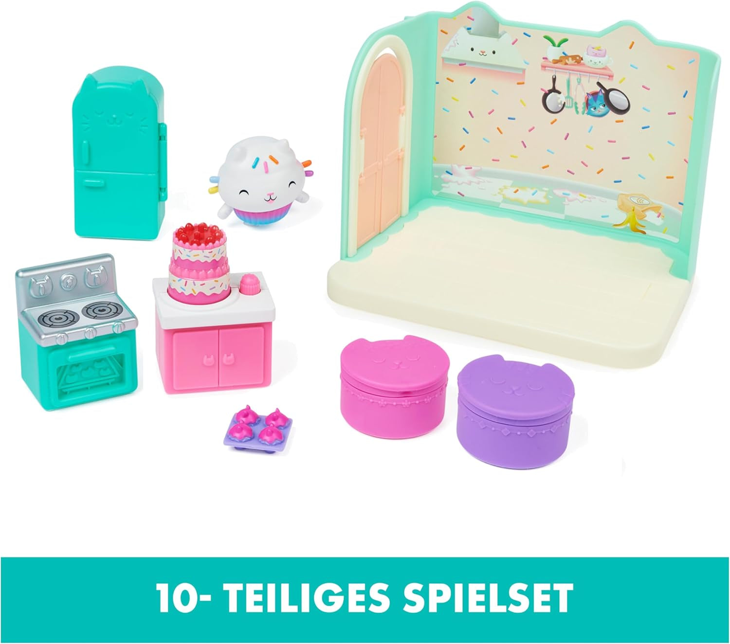 DOMEK DLA LAL GABBY'S DREAMWORKS - Pokój Deluxe, Cukiernia Ciastkowa, Kuchnia Kuchi (rum.: Ciasto), 3 meble i 2 pudełka-niespodzianki z akcesoriami, odpowiednie dla dzieci w wieku od 3 lat
