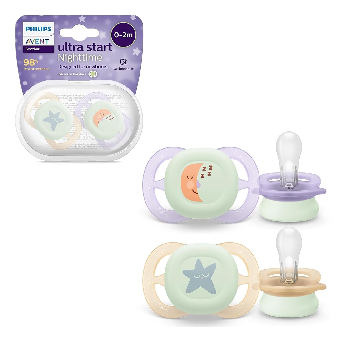 Philips AVENT Ultra Start smoczek na noc, smoczek ortodontyczny dla noworodków, świecący w ciemności, bez BPA, z pojemnikiem do sterylizacji, podwójne opakowanie, księżyc, gwiazda, SCF075/07