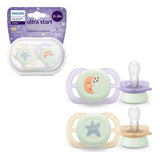 Philips AVENT Ultra Start smoczek na noc, smoczek ortodontyczny dla noworodków, świecący w ciemności, bez BPA, z pojemnikiem do sterylizacji, podwójne opakowanie, księżyc, gwiazda, SCF075/07