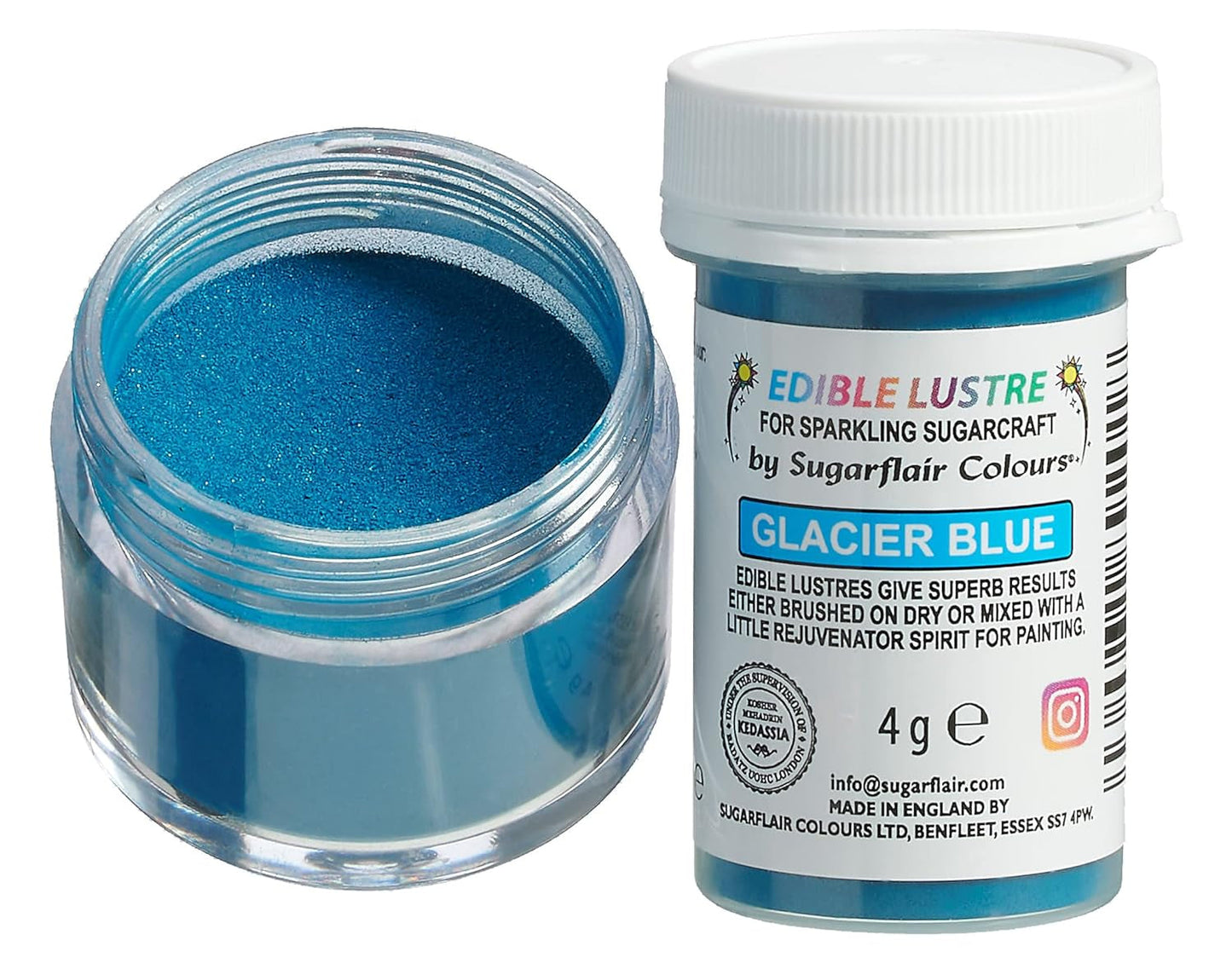 Sugarflair Lustre Jadalny barwnik spożywczy, Glacier Blue - jadalny proszek połyskujący do ciast, babeczek, czekolady, ciastek, deserów, lodów, napojów, koktajli i nie tylko - 4g