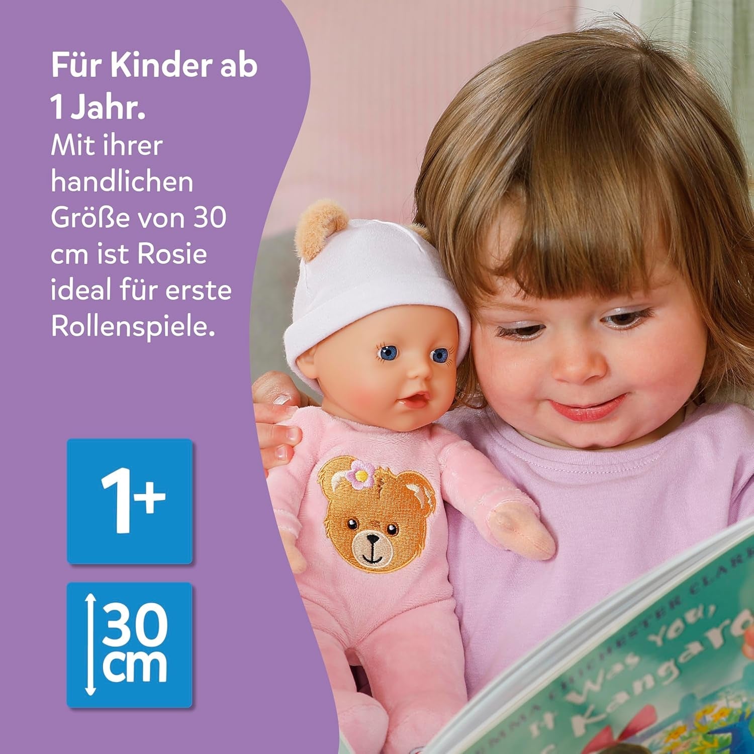 Baby Born Rosie miękka lalka 30 cm z 6 dźwiękami i butelką, różowa