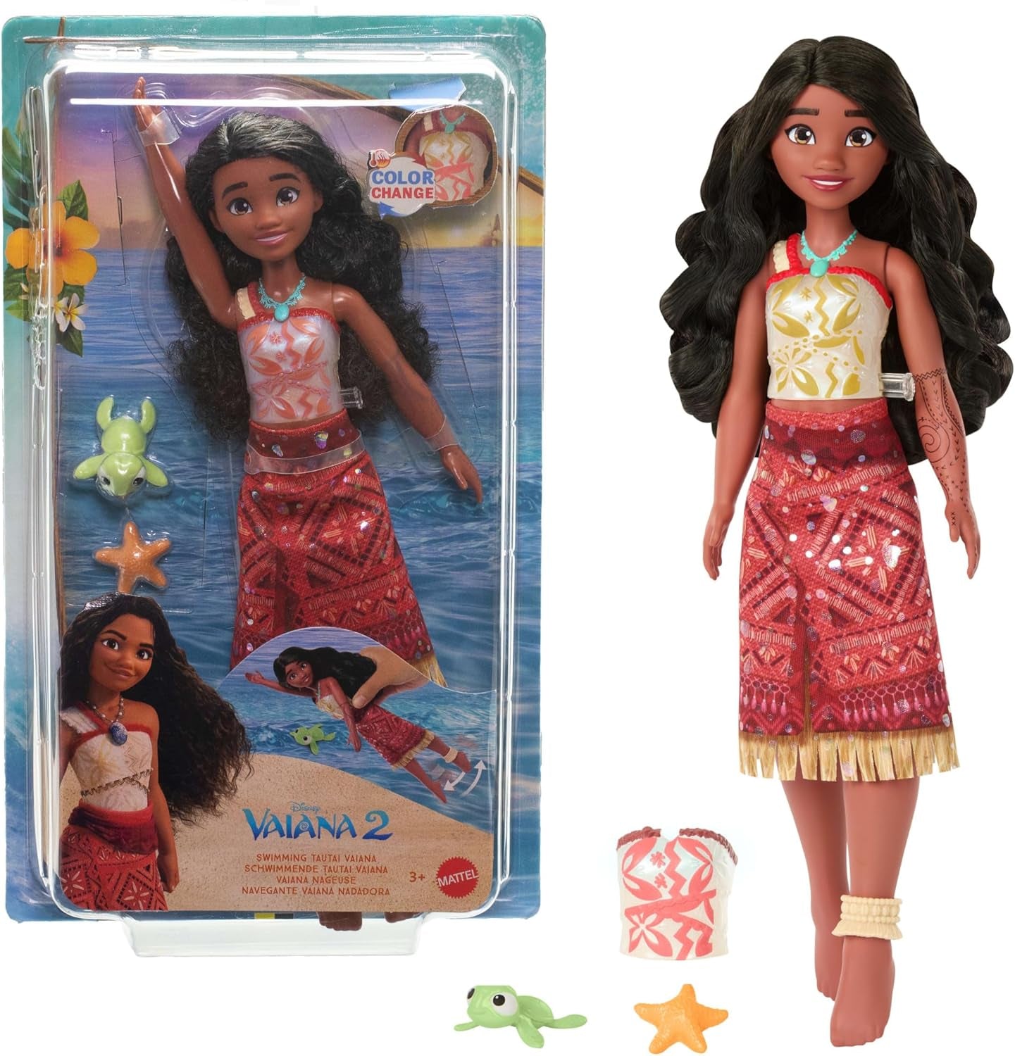 Mattel Toys Disney Moana 2 Tautai Moana Modna lalka do pływania z 2 akcesoriami, góra i nogi zmieniające kolor do pływania inspirowane filmem JFF09