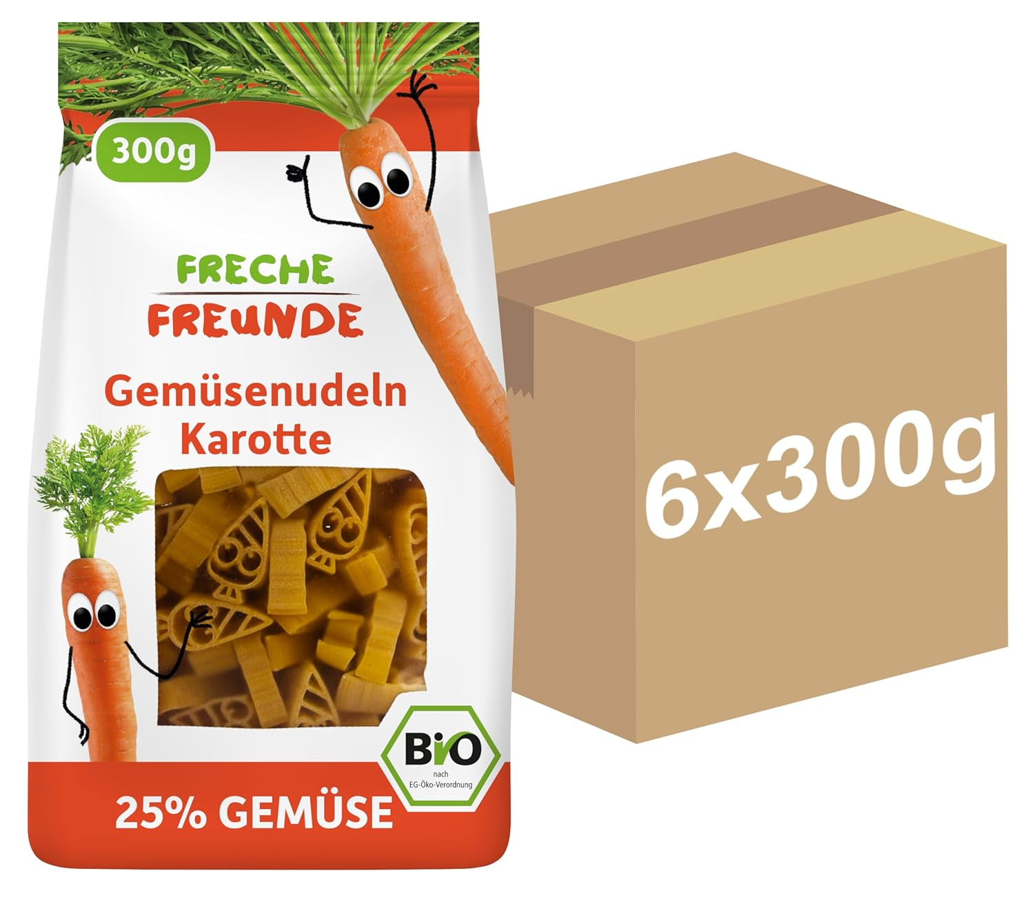 Freche Freunde Organiczny makaron warzywny „Marchew” 25% zawartości warzyw Wegański 6 opakowań (6 x 300 g)