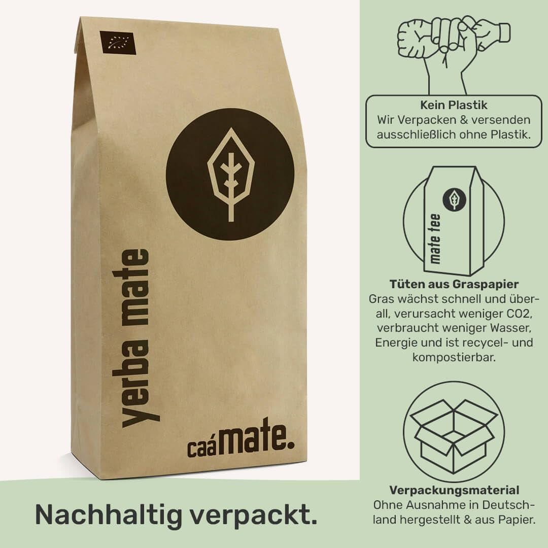BIO Herbata Yerba Mate 1 kg ● Oryginalna ● Dojrzała ● Niepalona ● Suszona na powietrzu ● Bezdymna ● Bez plastiku ● Sprawiedliwy Handel ● Herbaty Mate z liści mate, kawałków mate i sproszkowanych liści mate ● DE-ÖKO-006