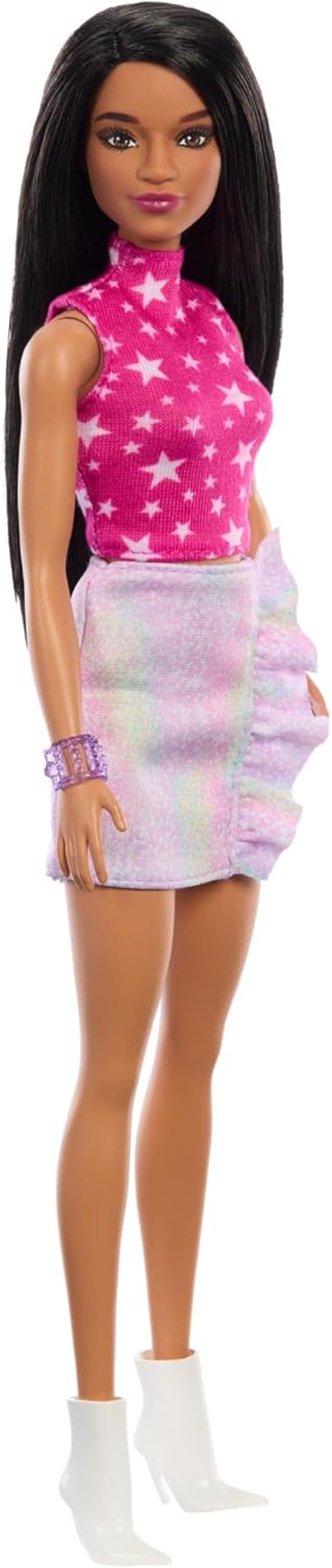 Lalka Barbie Fashionistas nr. 215 z prostymi czarnymi włosami, górą w różowe gwiazdki i opalizującą spódnicą, lalka kolekcjonerska z okazji 65. urodzin, domyślny tytuł HRH13 Naty Shop Dolls