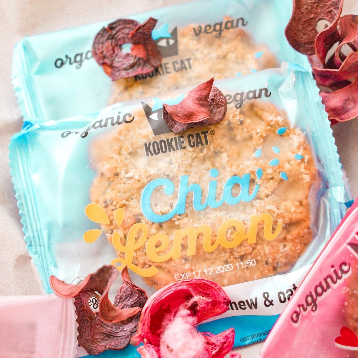 Chia i cytryna - pojedynczo pakowane wegańskie ciasteczka, bezglutenowe, bez soi, organiczne, z orzechami nerkowca i owsa - opakowanie zbiorcze 12 x 50 g