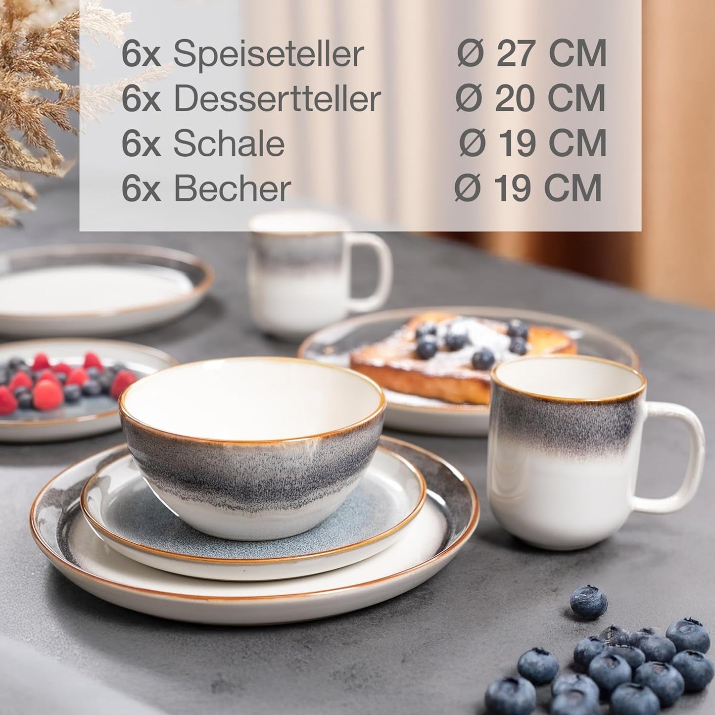 Moritz & Moritz TARENTO 24-częściowy zestaw obiadowy dla 6 osób, szary - Elegancki zestaw talerzy z kamionki wysokiej jakości - Zestaw obiadowy zawiera 6 talerzy obiadowych, 6 talerzy deserowych, 6 talerzy obiadowych i 6 filiżanek
