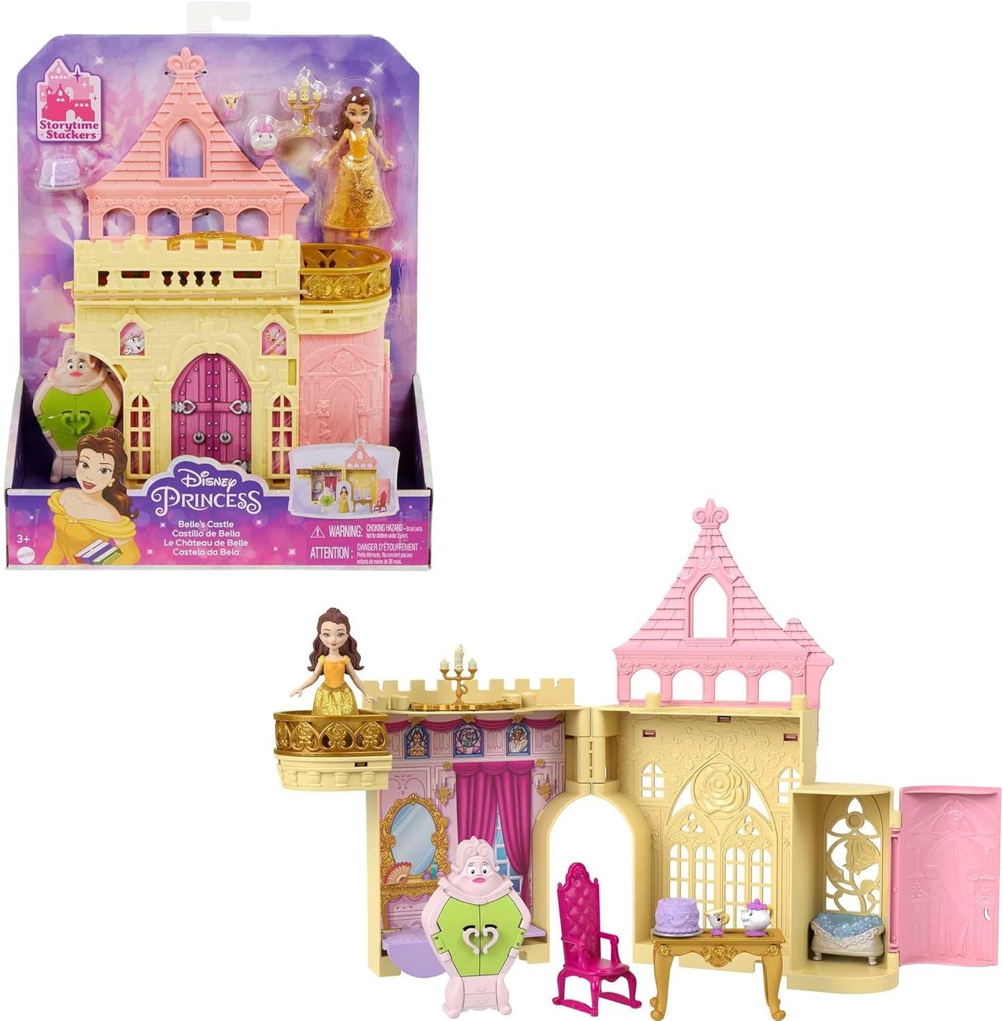 Mattel Disney Princess Zestaw do przekształcenia Powóz do zamku z małą lalką Aurora, 3 poziomy, 6 obszarów do zabawy, 4 figurki, meble i akcesoria Lalki HWX17 Naty Shop Zestaw Belle