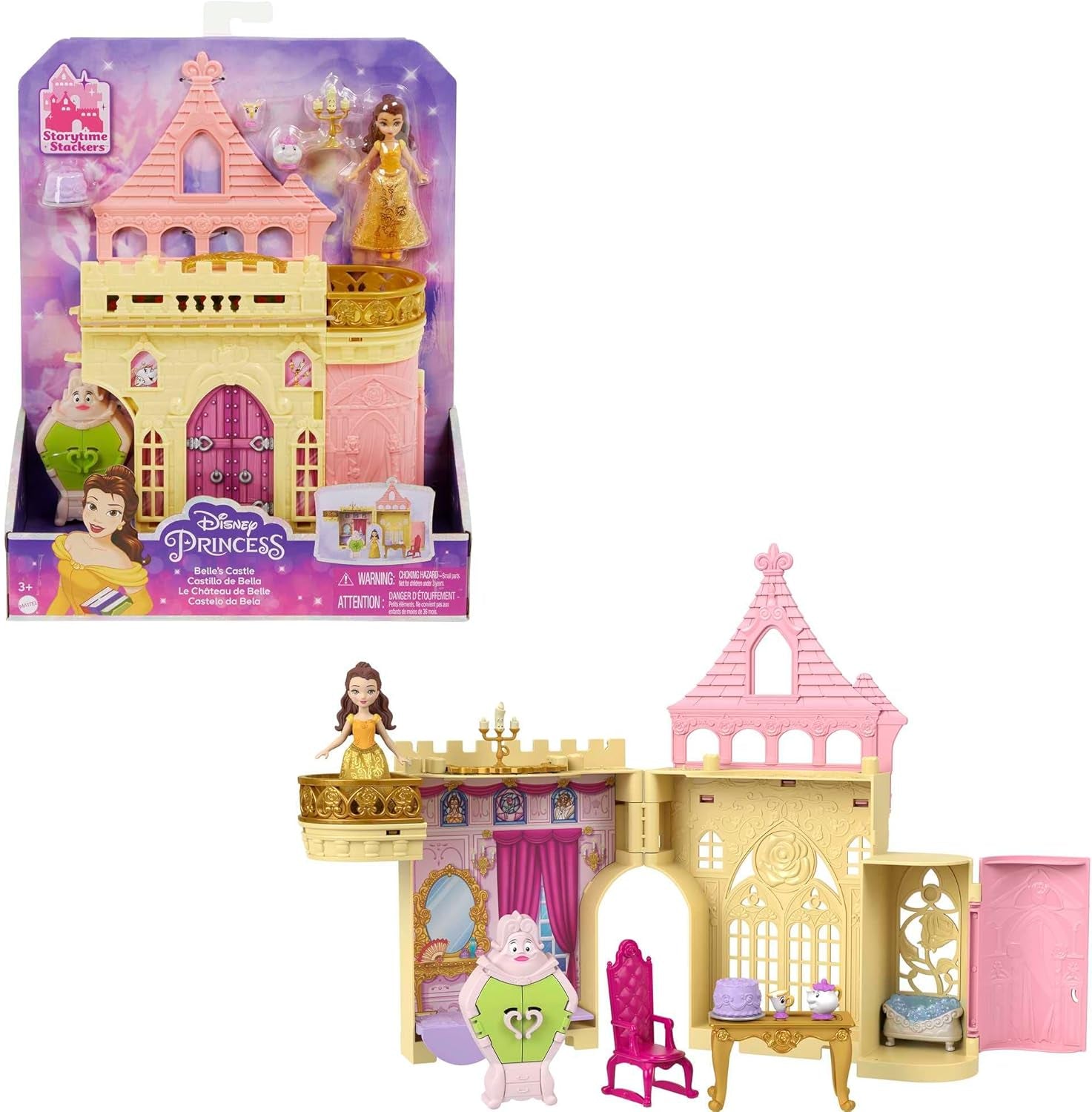 Mattel Disney Princess Zestaw do przekształcenia Powóz do zamku z małą lalką Aurora, 3 poziomy, 6 obszarów do zabawy, 4 figurki, meble i akcesoria Lalki HWX17 Naty Shop Zestaw Belle