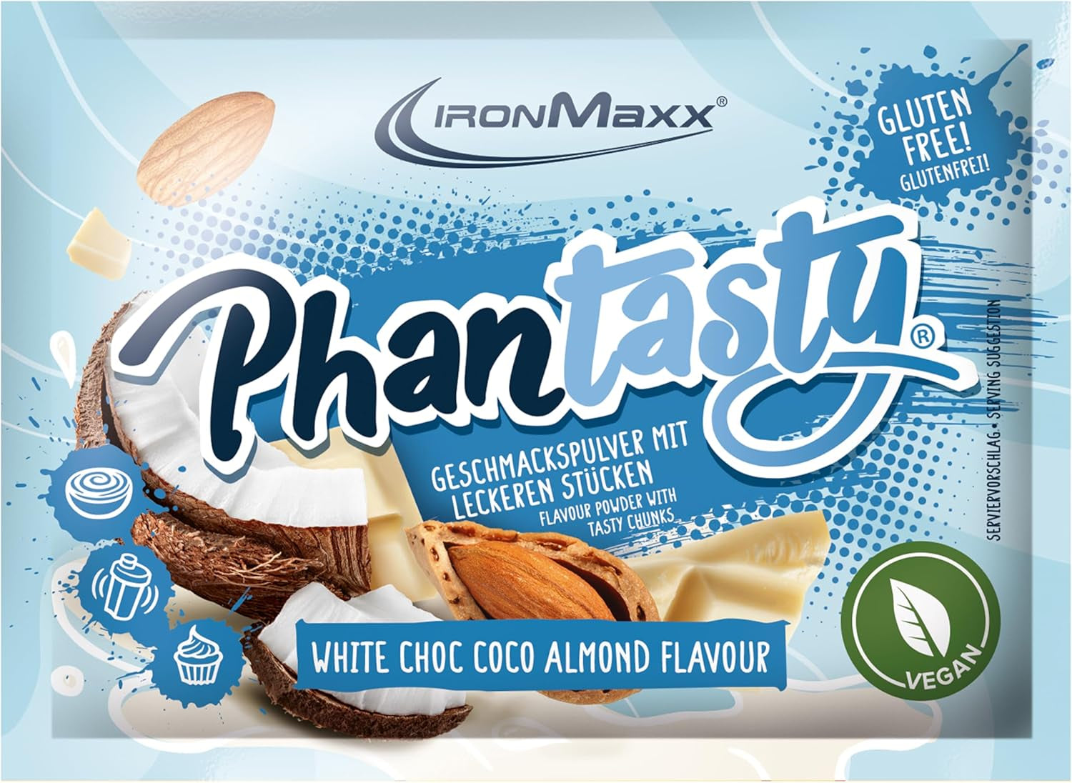 Ironmaxx Phantasty - Kremowa Brzoskwinia Dawka 250G | Wegańskie Geschmackspulver Mit Echten Frucht- Oder Nussstückchen | Perfekter Zuckerersatz Słodziki Naty Shop 15 G (opakowanie 1Er) Biała Czekolada - Coco Almond