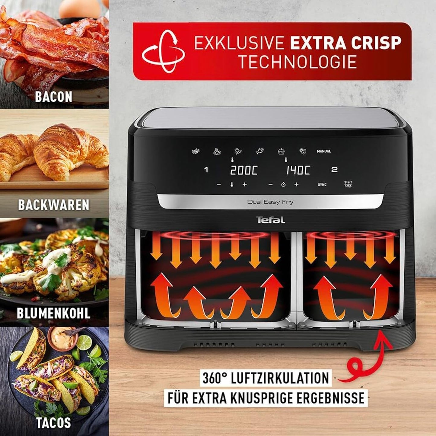 Frytownica na gorące powietrze Tefal Dual Easy Fry z dwiema komorami, pojemność 5,2/3,1 litra, dwie niezależne szuflady, 7 programów Sprzęt AGD Naty Shop