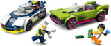 LEGO City Pościg samochodowy z radiowozem i mięśniakiem, zabawkowy pociąg z 2 samochodami wyścigowymi, prezent policyjny dla dzieci, chłopców i dziewcząt od 6 lat, zestaw z policjantem i minifigurkami Ganovinem 60415 Zestawy do budowania Besuche den LEGO-Store