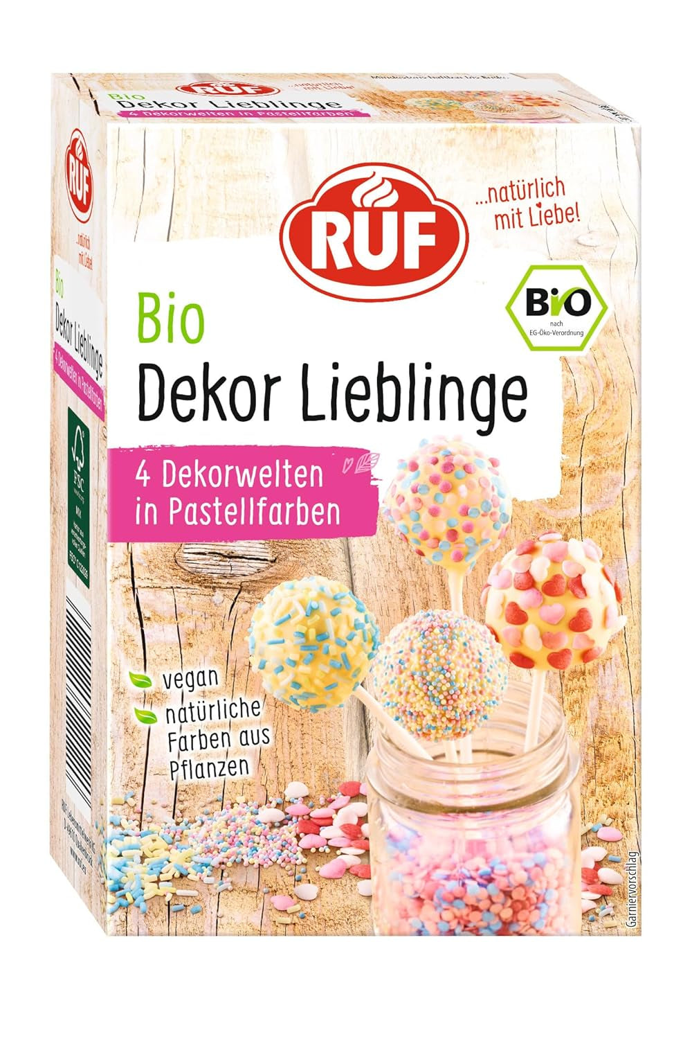 RUF Organic Dekor Lieblinge, 4 rodzaje kolorowych dekoracji do pieczenia z posypką, cukrowymi perełkami i cukrowymi serduszkami, bez sztucznych barwników, wegańskie, 140 gram Naty Shop