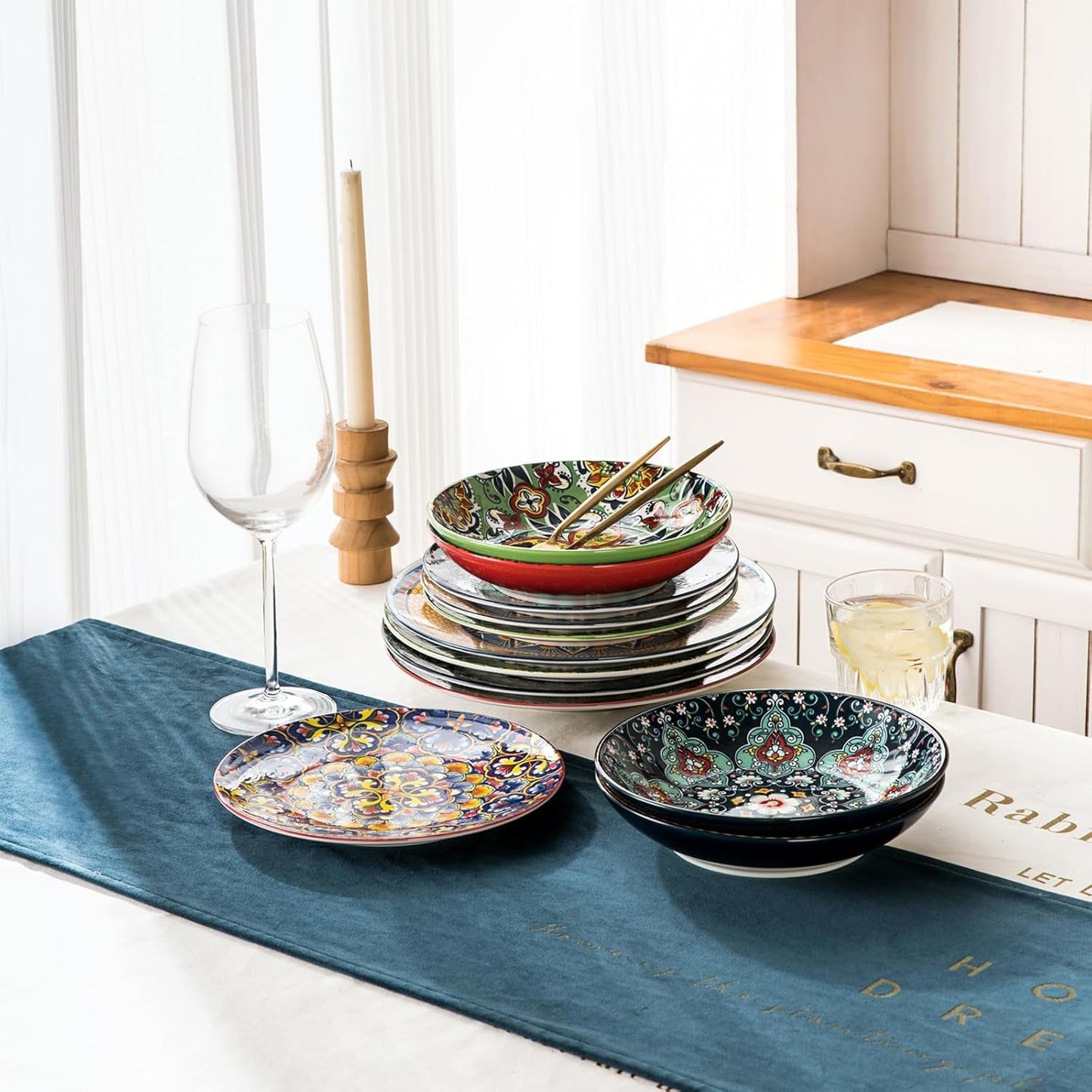HENXFEN LEAD Porcelanowy zestaw obiadowy, 12-częściowy zestaw obiadowy dla 4 osób, kolorowy zestaw obiadowy dla 4 osób - ręcznie malowane talerze, talerze deserowe, talerze do zupy - styl boho