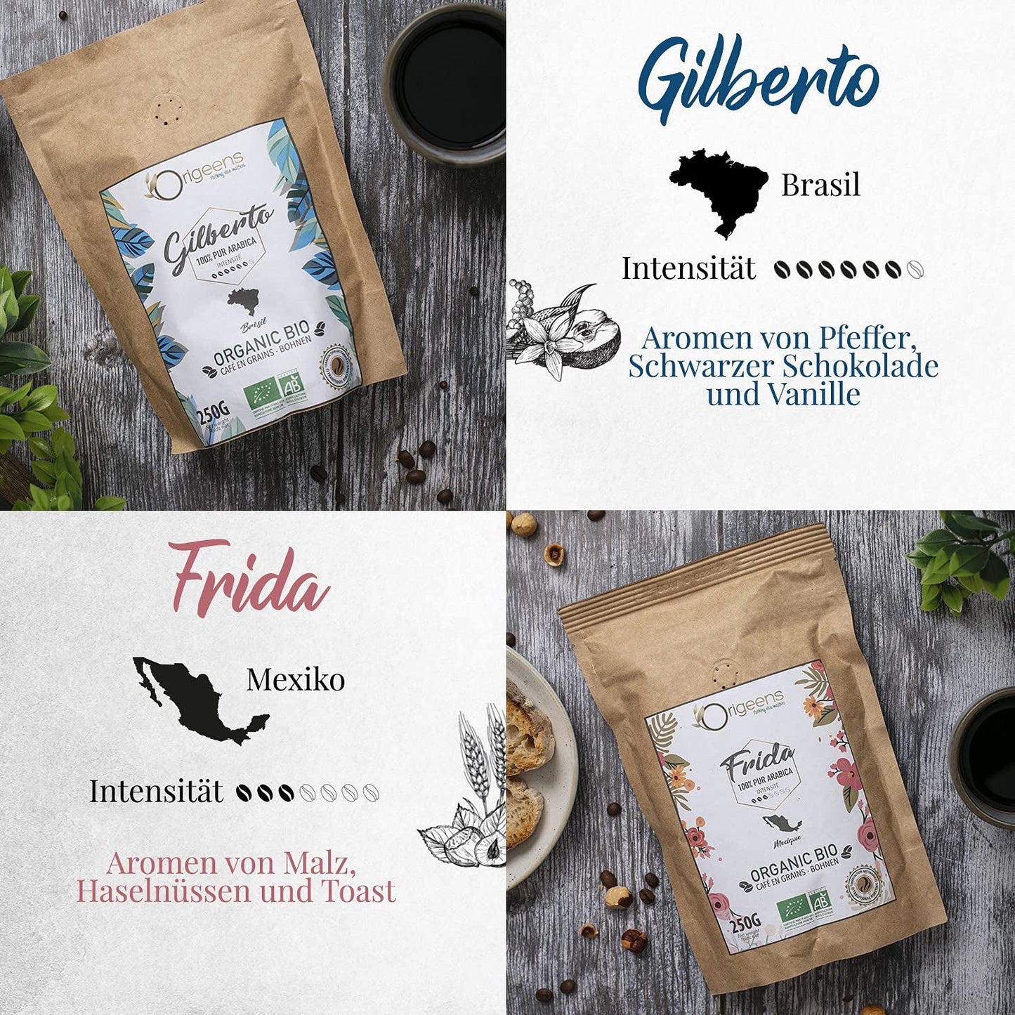ORIGEENS Bio Kaffeebohnen Probierset 1kg | Zestaw Premium Bio Arabica Kaffee Ganze Bohnen 4x250g | Tradycyjny Röstung | Kaffee Geschenkset