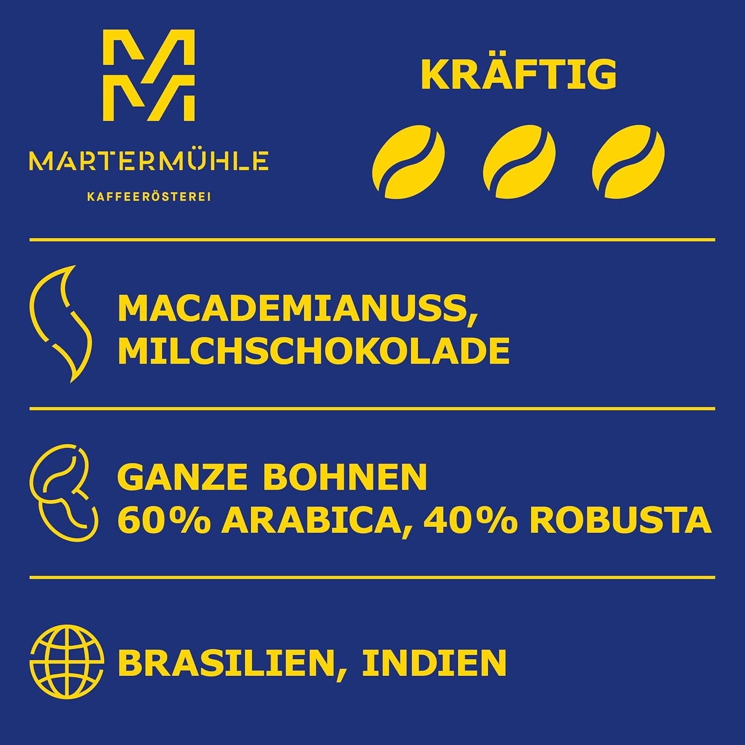 Ziarna espresso Martermühle Cioccolato 500g Mocne | Arabika/Robusta | Smaki: Orzechy makadamia, mleczna czekolada | Jasno palone całe ziarna espresso, niska kwasowość