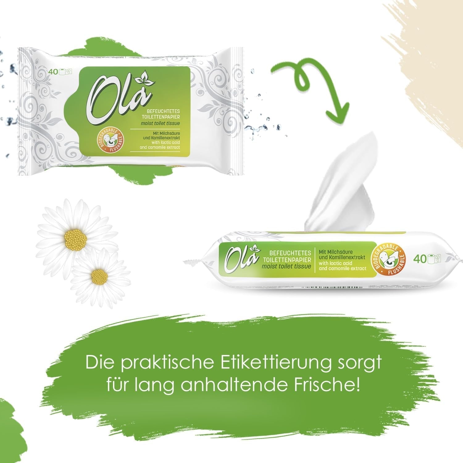 Papier toaletowy mokry OLA - (1X40 szt.) Chusteczki nawilżane - ekstrakt z rumianku i kwas mlekowy, zmywalne, skóra wrażliwa - 40 szt.